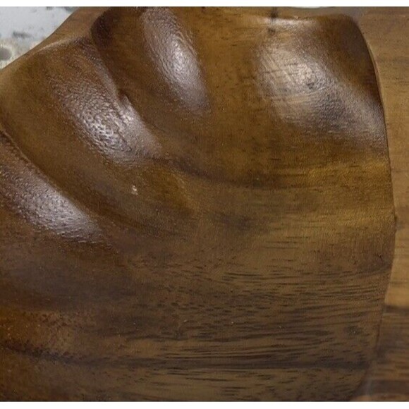 Monkey Pod Wood Basket‎ Bowl With Serving Spoons Hand Carved Scalloped Seashell - Picture 13 of 13